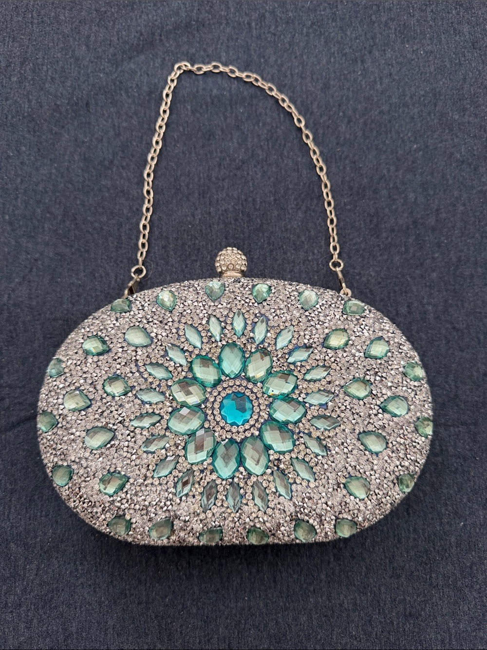 Embellished Teal Crystal Evening Clutch with Chain